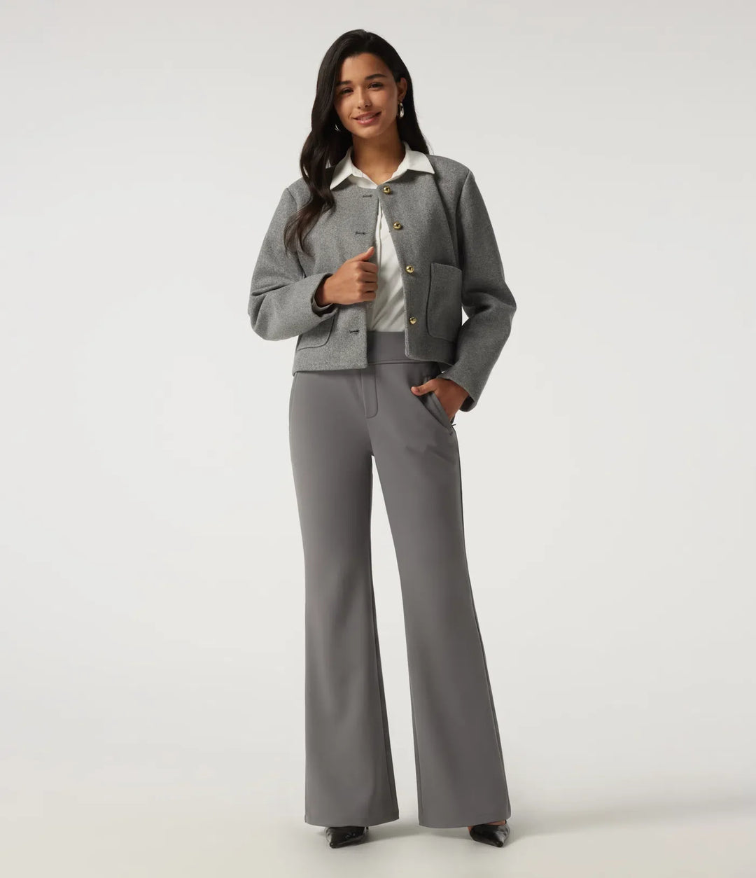 High Waisted Flare Fleece Work Trousers with Pockets