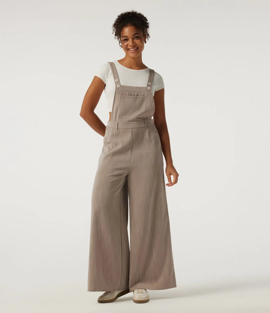 Square Neck Wide Leg Linen-Feel Casual Overalls with Pockets
