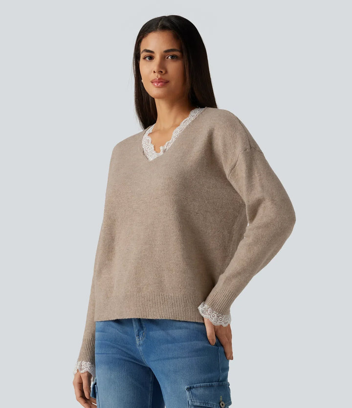 V Neck Contrast Lace Dropped Long Sleeve Casual Jumper