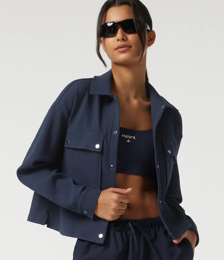 Lapel Dropped Long Sleeve Waffle Casual Jacket with Pockets