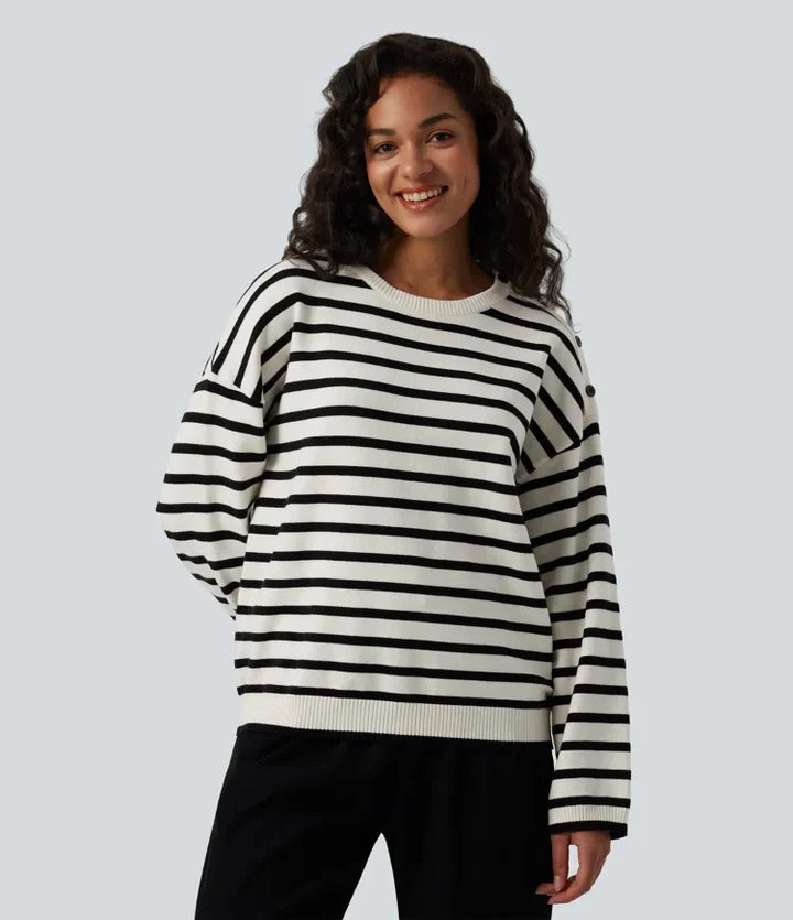 Round Neck Long Sleeve Stripe Decorative Button Casual Jumper
