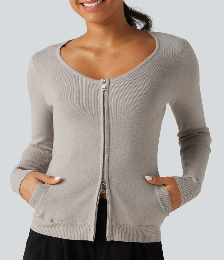 Round Neck Long Sleeve Slim Lounge Cardigan with Pockets