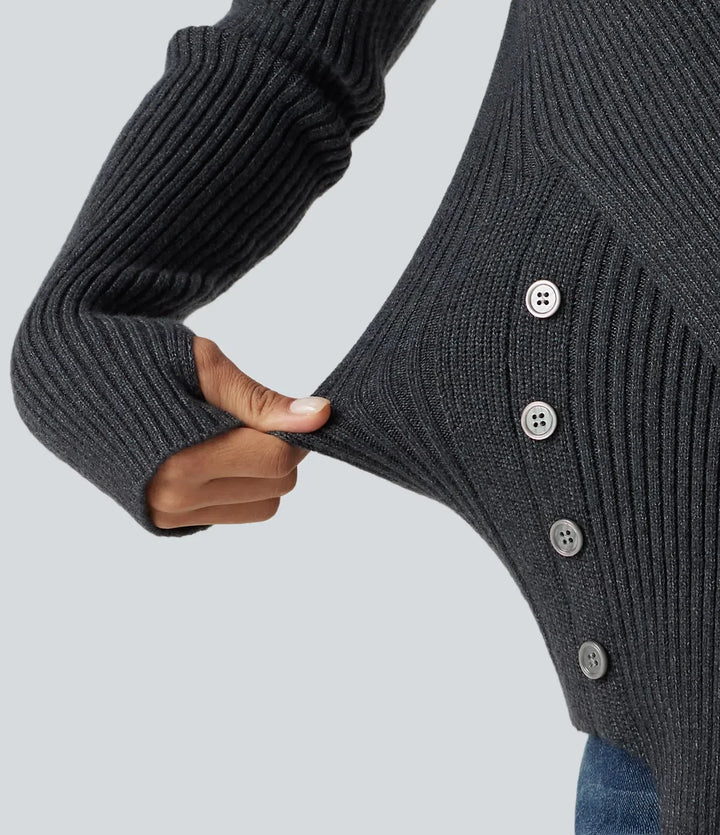 Ribbed Knit High Neck Long Sleeve Thumb Hole Crossover Hem Slim Work Jumper