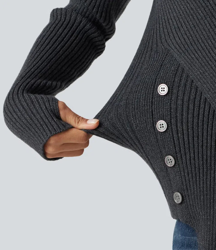 Ribbed Knit High Neck Long Sleeve Thumb Hole Crossover Hem Slim Work Jumper