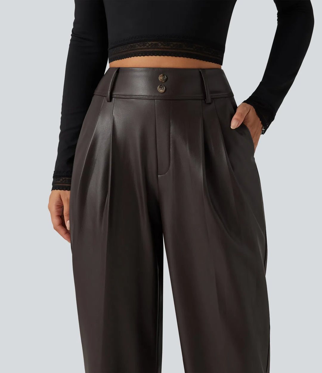 High Waisted Tapered Stretchy PU Fleece Casual Trousers with Pockets