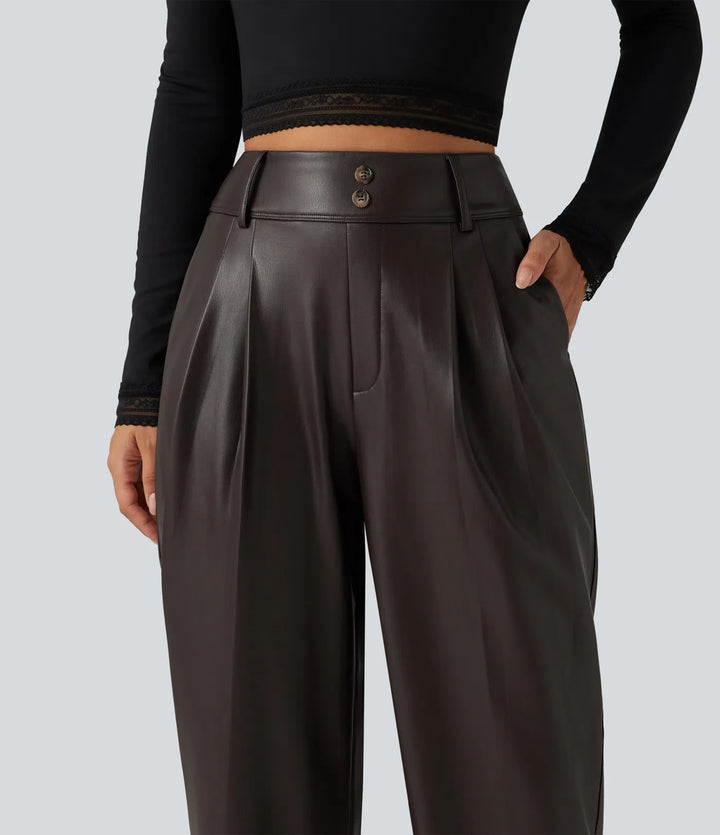 High Waisted Tapered Stretchy PU Fleece Casual Trousers with Pockets