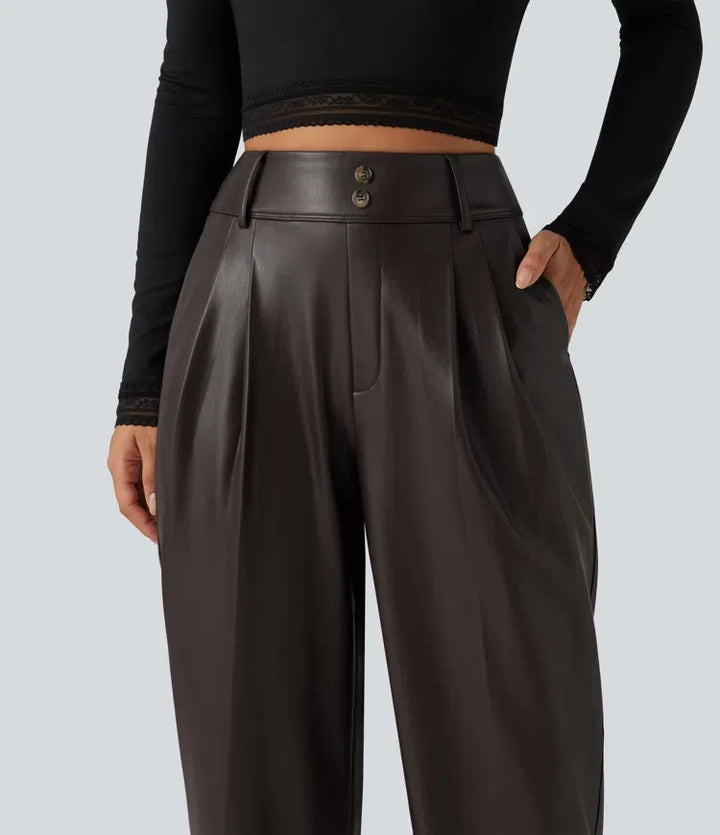 High Waisted Tapered Stretchy PU Fleece Casual Trousers with Pockets