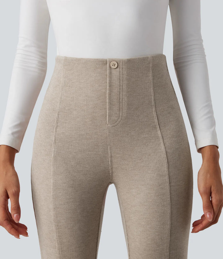 Ribbed High Waisted Tummy Control Casual Flare Trousers