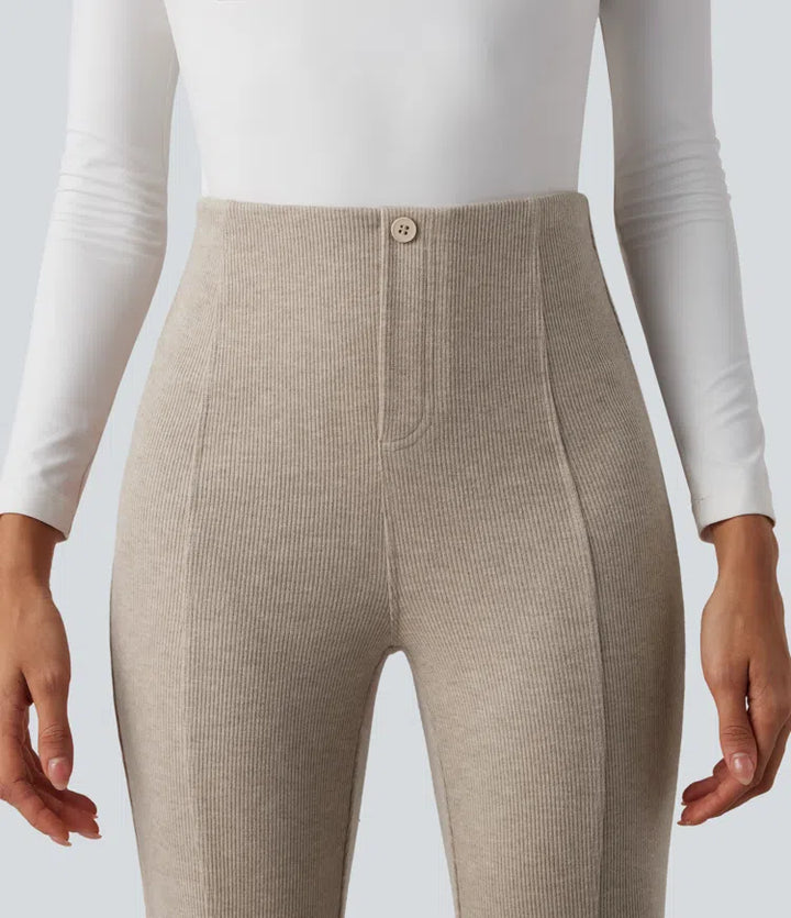 Ribbed High Waisted Tummy Control Casual Flare Trousers