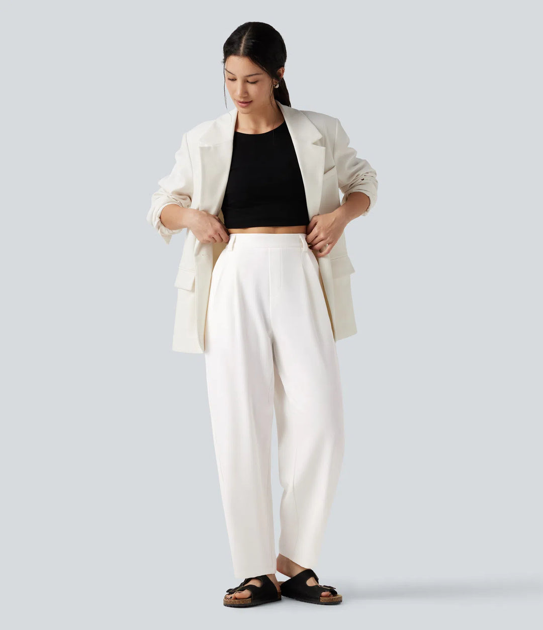 High-waisted Barrel Leg Baggy Work Trousers with Pockets