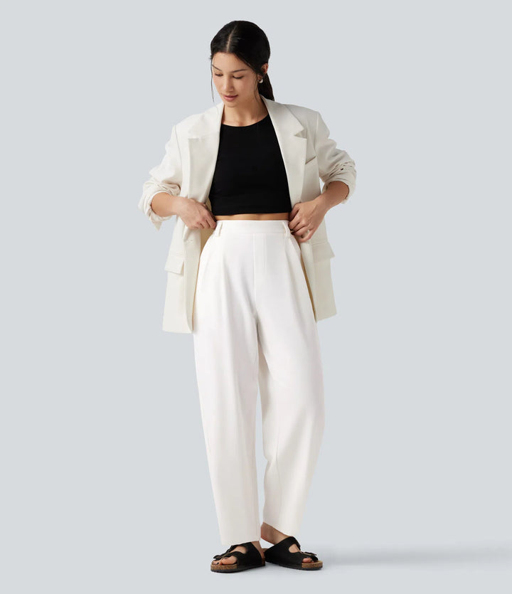 High-waisted Barrel Leg Baggy Work Trousers with Pockets