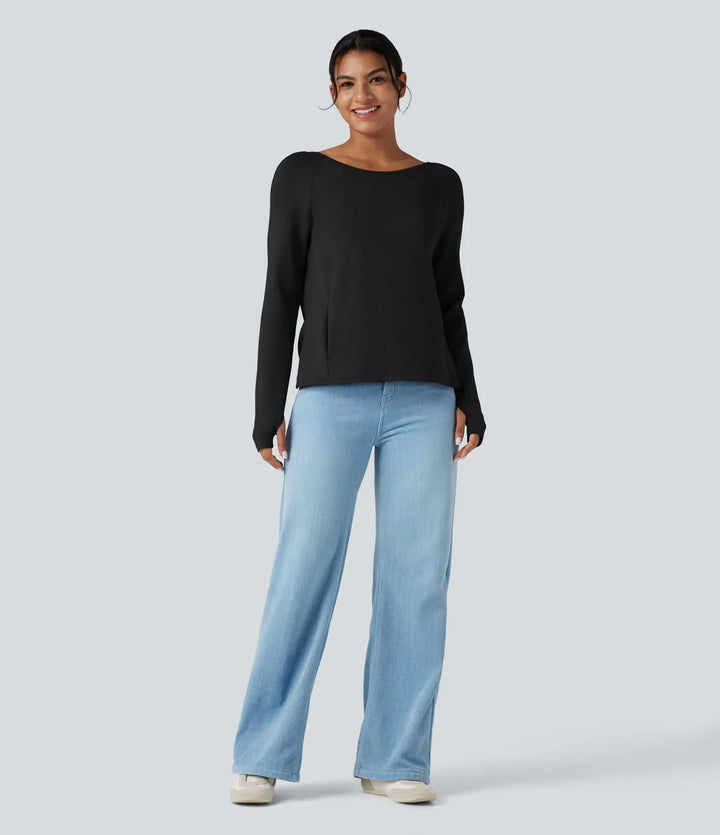 SpacerTek Backless Twisted Long Sleeve Thumb Holes Casual Sweatshirt with Pockets