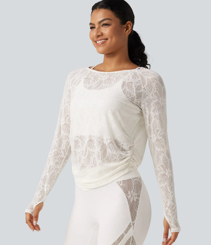 Cut Out Long Sleeve Thumb Hole Ruched Lace Yoga Sports Top