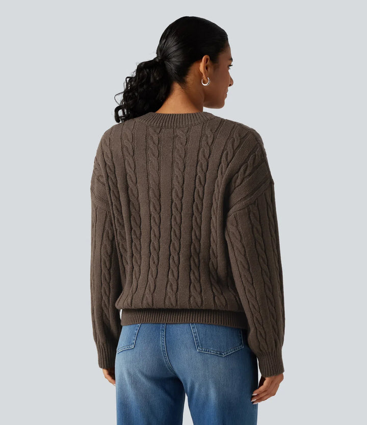 V Neck Dropped Long Sleeve Cable Knit Casual Wool-Blend Jumper