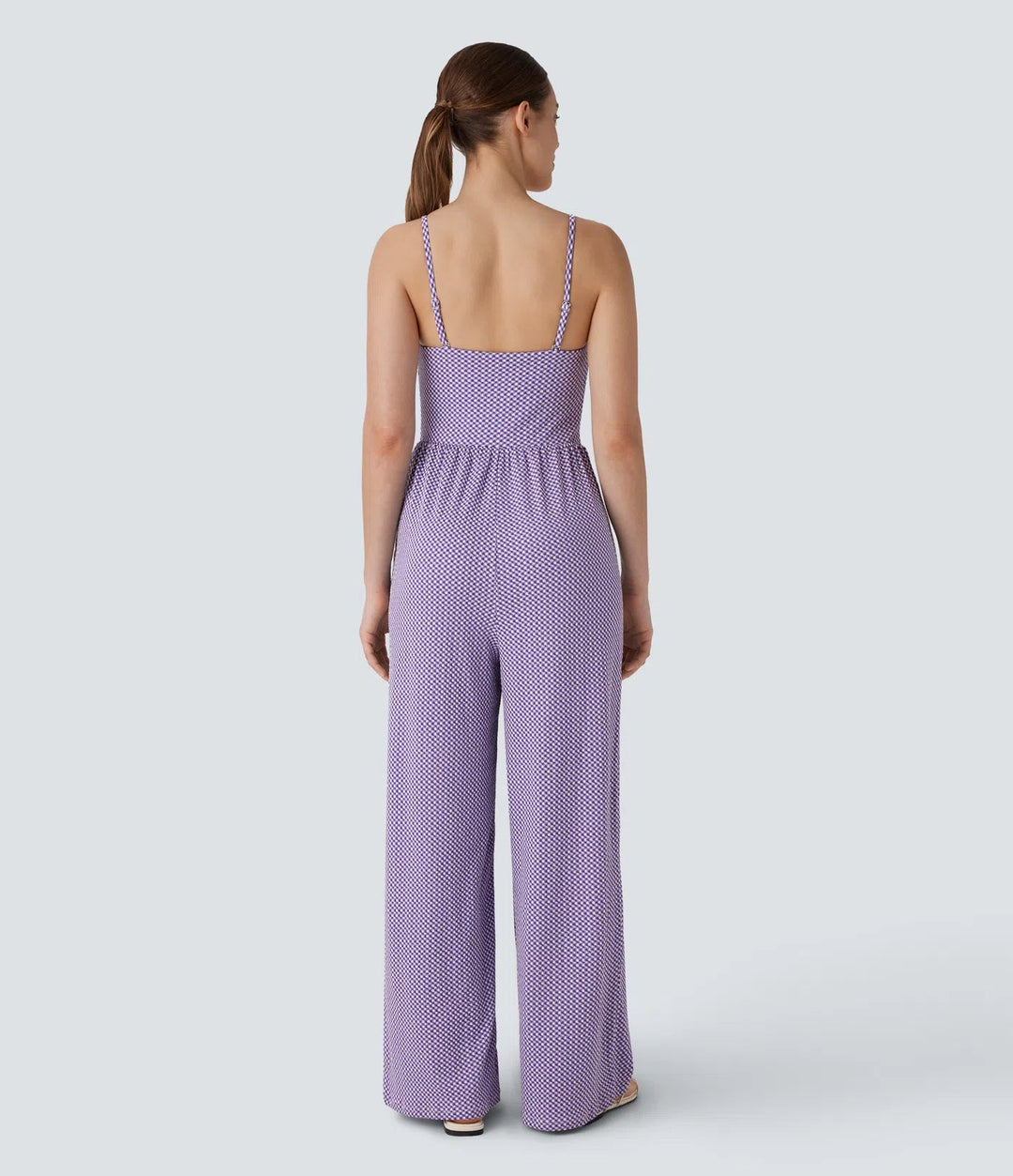 Adjustable &amp; Removable Strap Ruched Pocket Plaid Casual Jumpsuit