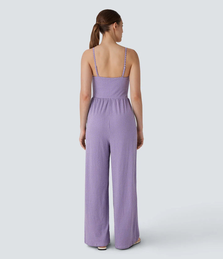 Adjustable &amp; Removable Strap Ruched Pocket Plaid Casual Jumpsuit