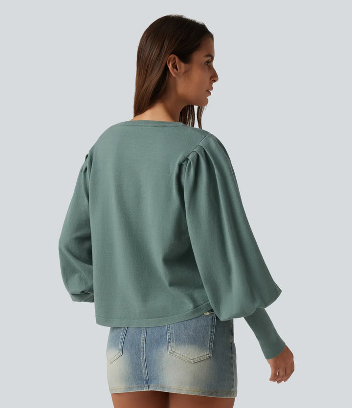 Henley Neck Puff Long Sleeve Relaxed Work Jumper