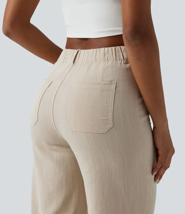 High Waisted Straight Leg Casual Linen-Feel Trousers with Pockets
