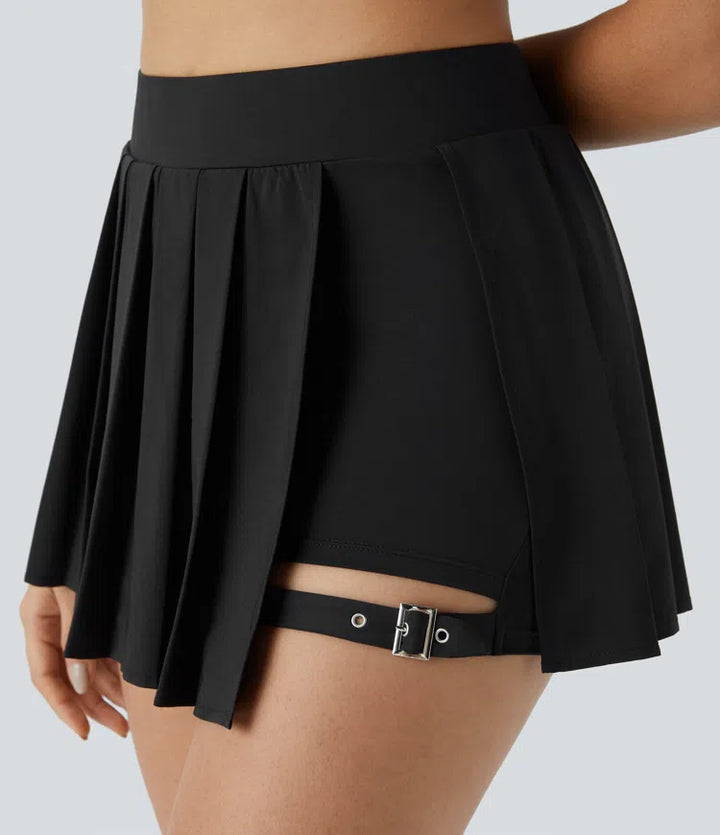 Breezeful High Waisted Pleated 2-in-1 Pocket Adjustable Buckle Micro Mini Quick Dry Party Skirt