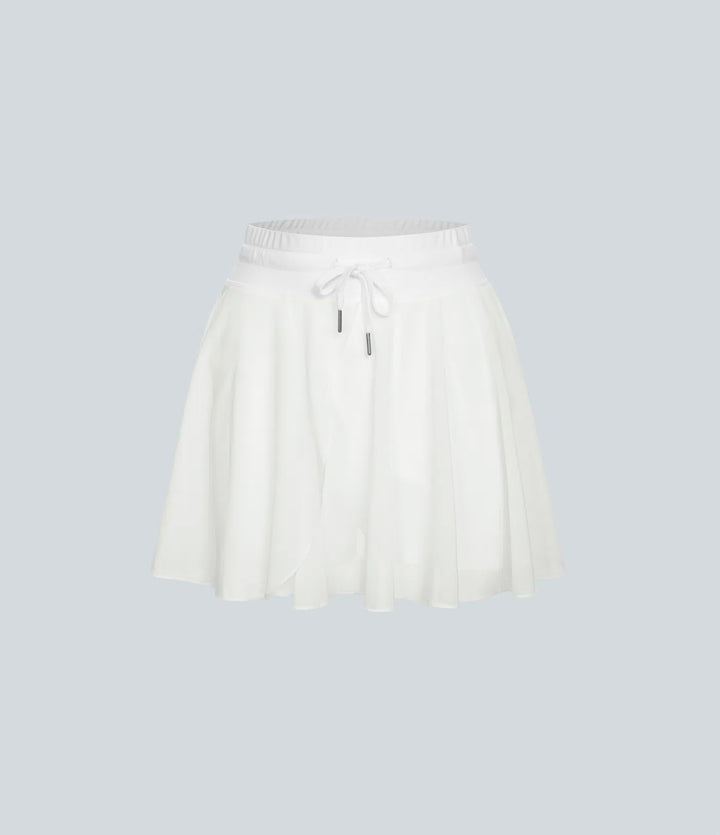High Waisted Drawstring Contrast Mesh 2-in-1 Pocket Flowy Mini Flare Casual Skirt