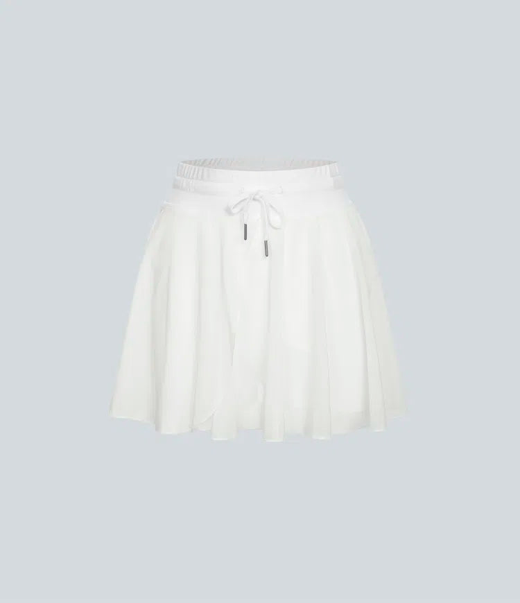 High Waisted Drawstring Contrast Mesh 2-in-1 Pocket Flowy Mini Flare Casual Skirt