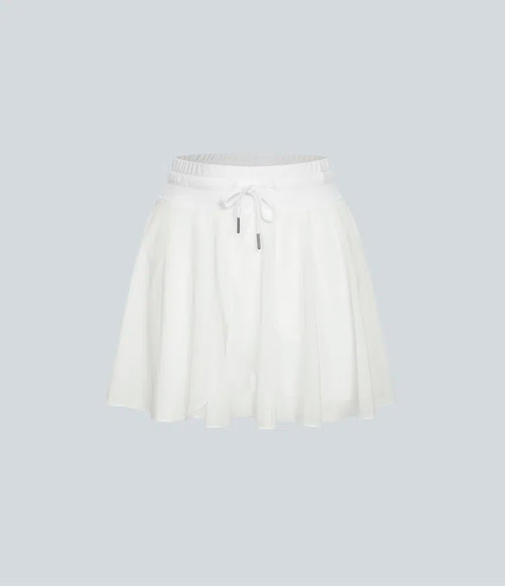 High Waisted Drawstring Contrast Mesh 2-in-1 Pocket Flowy Mini Flare Casual Skirt