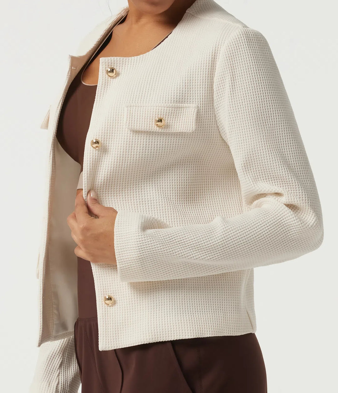 Round Neck Long Sleeve Waffle Casual Jacket