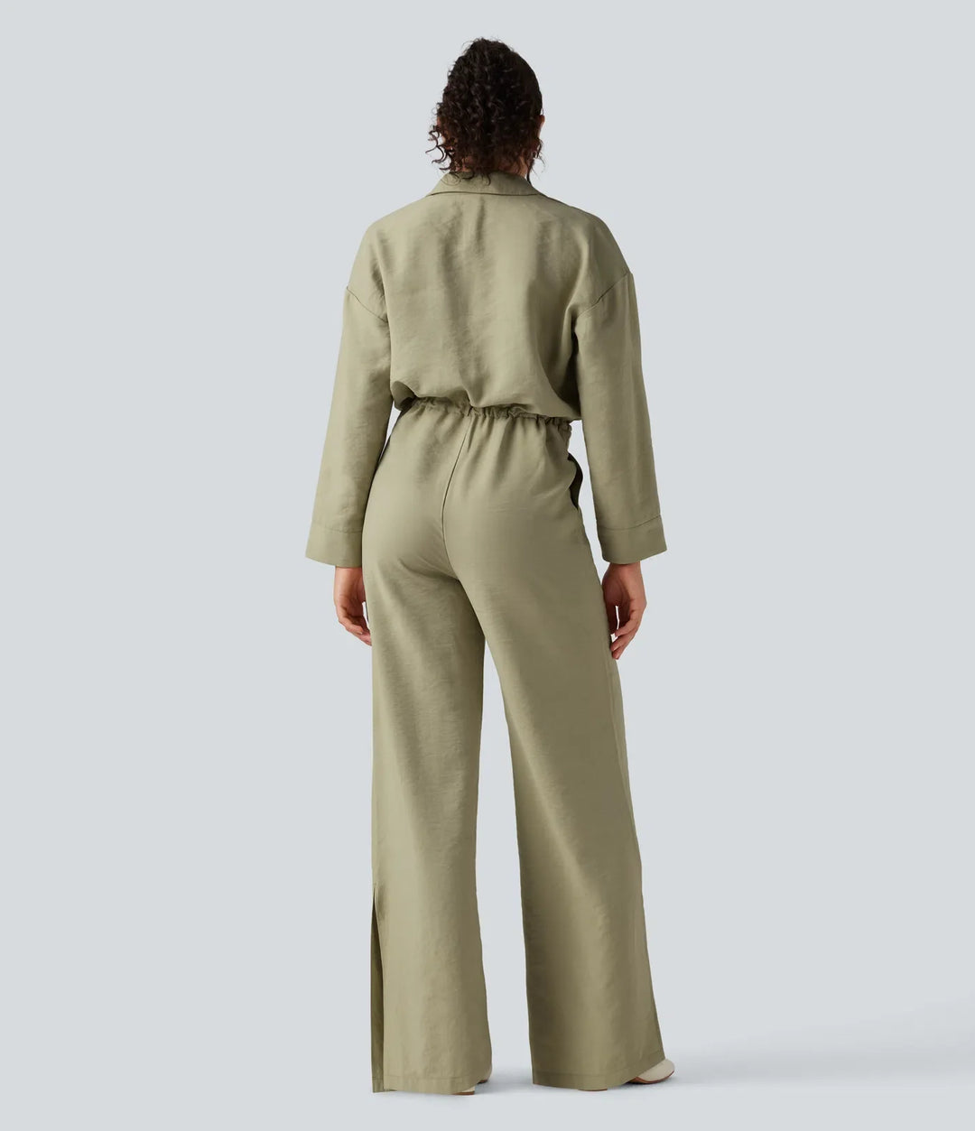 Long Sleeve Drawstring Wide Leg Work Jumpsuit with Pockets