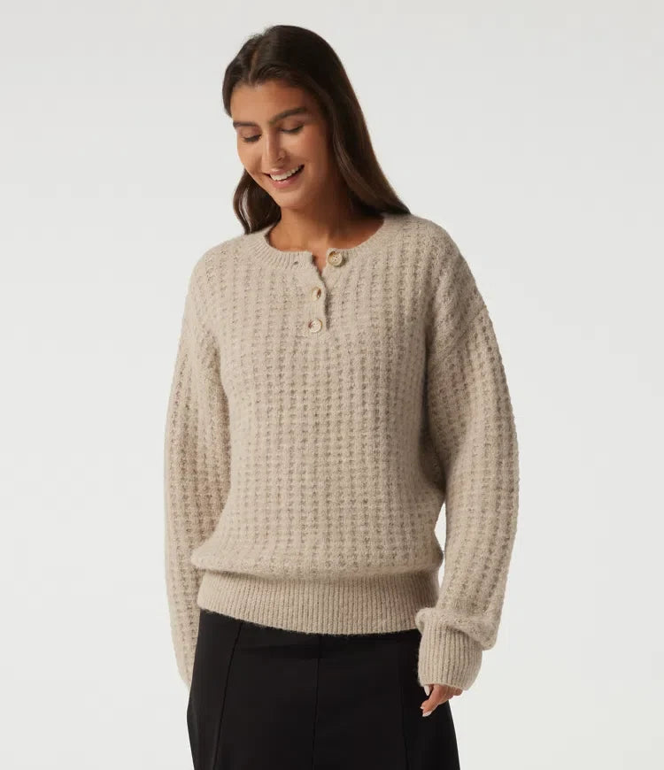 Henley Neck Drop Shoulder Long Sleeve Casual Jumper