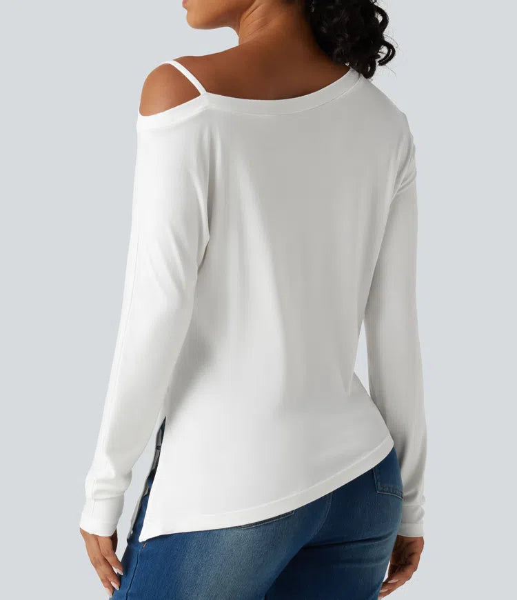 Ribbed One Shoulder Long Sleeve Asymmetric Hem Casual T-Shirt