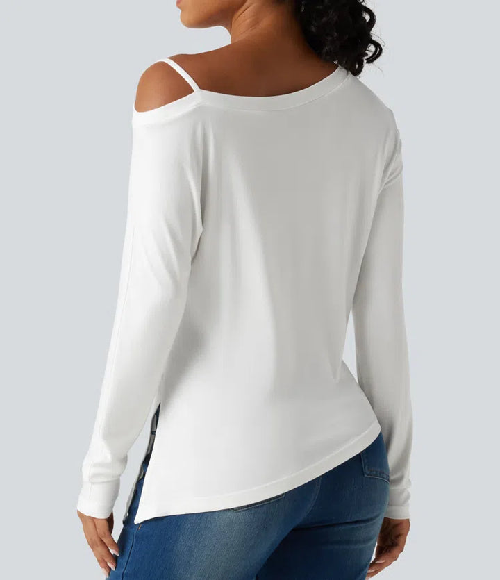 Ribbed One Shoulder Long Sleeve Asymmetric Hem Casual T-Shirt