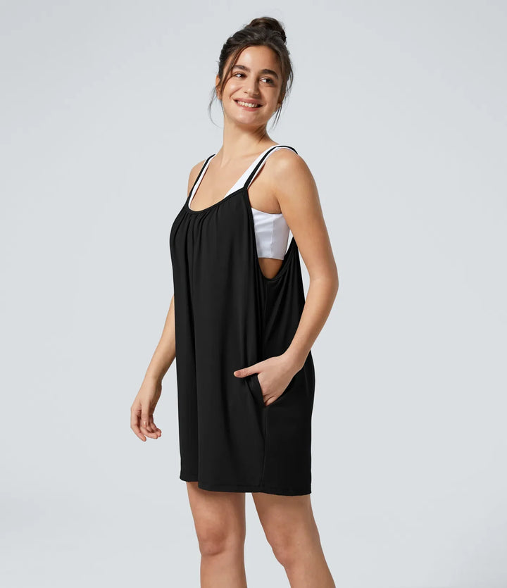 Spaghetti Pocket Solid Wide Leg Casual Jumpsuit