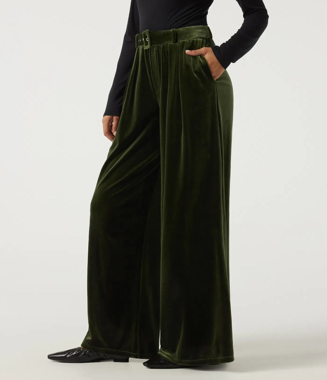High Waisted Belted Wide Leg Velvet Casual Trousers with Pockets