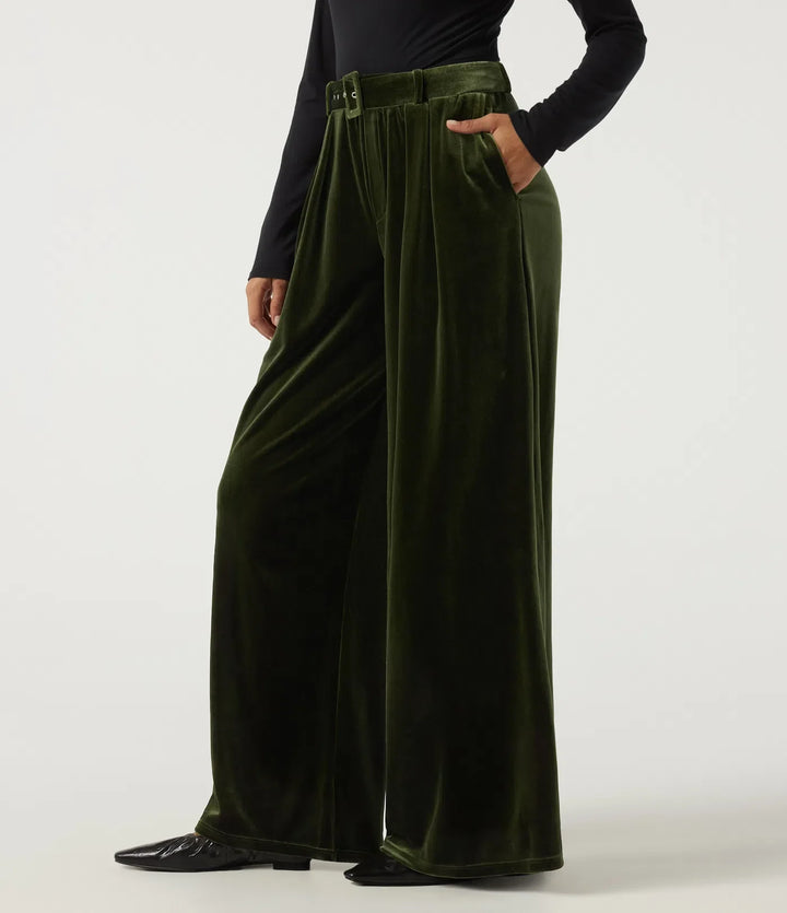 High Waisted Belted Wide Leg Velvet Casual Trousers with Pockets