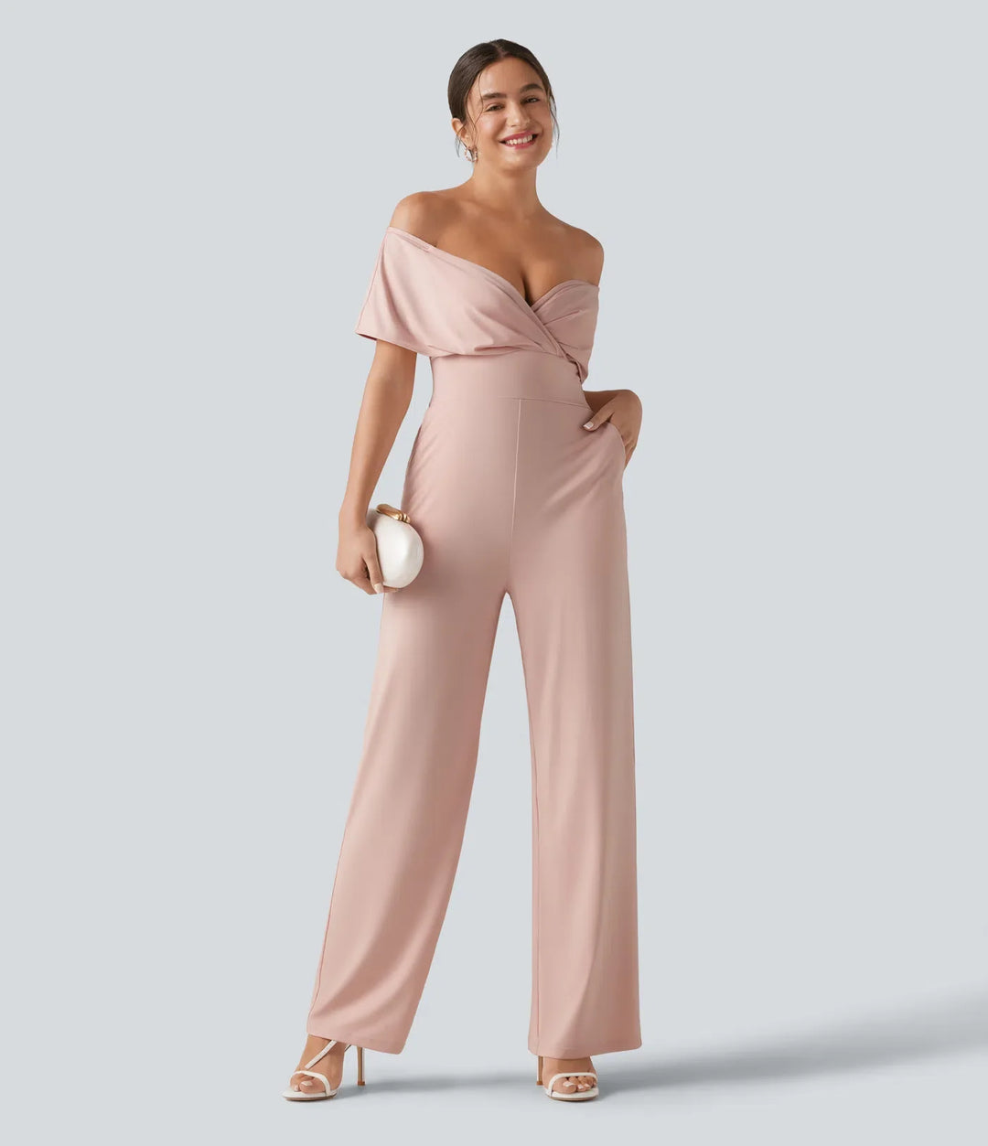 Off Shoulder Built-in Bra Short Sleeve Casual Jumpsuit with Pockets