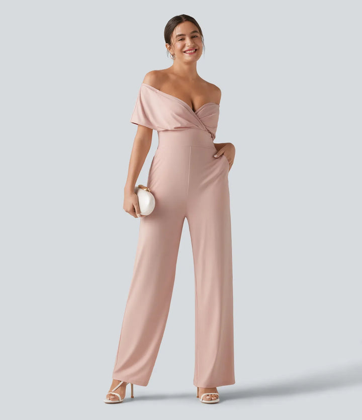 Off Shoulder Built-in Bra Short Sleeve Casual Jumpsuit with Pockets