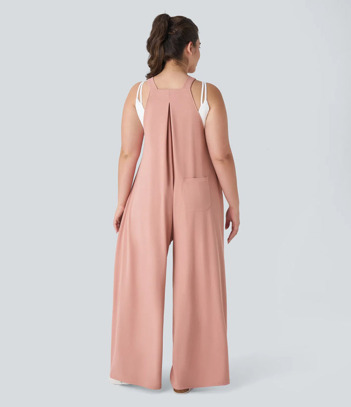 Adjustable Strap Button Multiple Pockets Waffle Casual Plus Size Dungarees