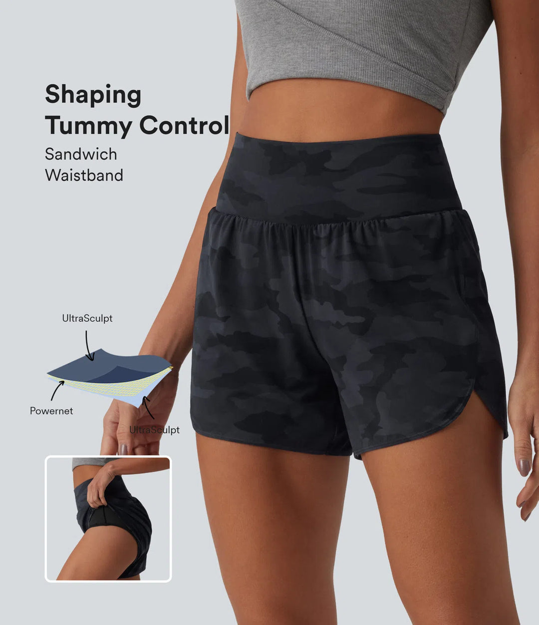 Halara UltraSculpt Camo Print High Waisted Tummy Control Curved Hem 2-in-1 Running Shorts 4" with Pocket