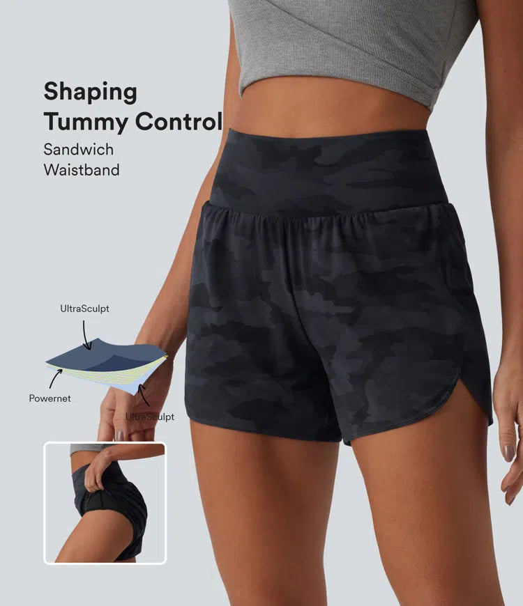 Halara UltraSculpt Camo Print High Waisted Tummy Control Curved Hem 2-in-1 Running Shorts 4" with Pocket