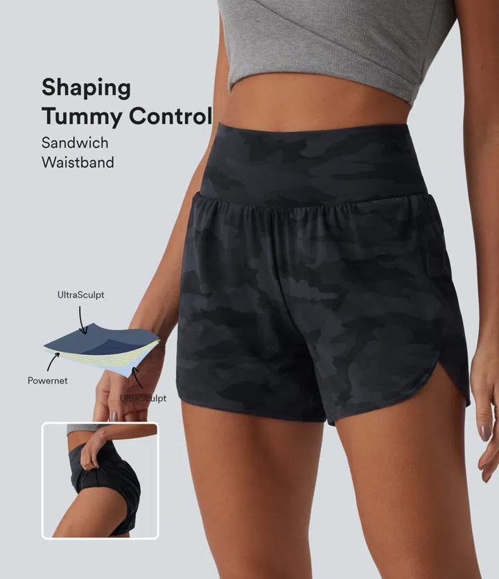 Halara UltraSculpt Camo Print High Waisted Tummy Control Curved Hem 2-in-1 Running Shorts 4" with Pocket