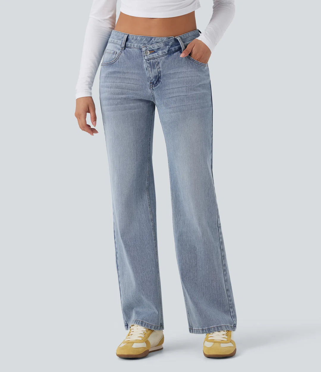Halara Flex Asymmetric Low Rise Straight Leg Casual Jeans with Pockets