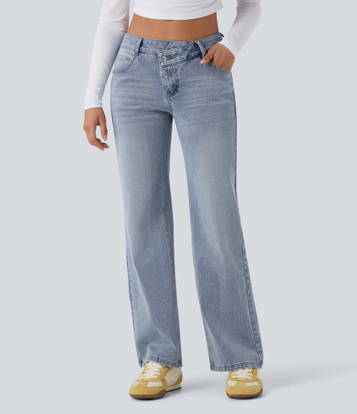 Halara Flex Asymmetric Low Rise Straight Leg Casual Jeans with Pockets
