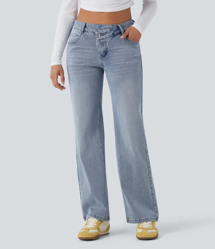 Halara Flex Asymmetric Low Rise Straight Leg Casual Jeans with Pockets