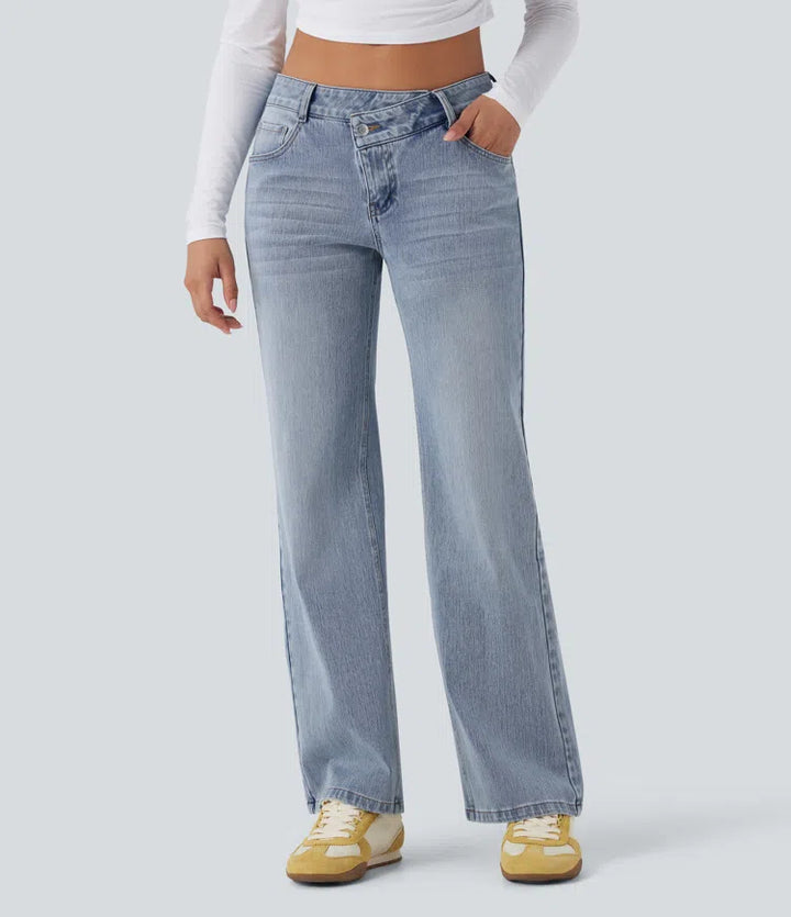 Halara Flex Asymmetric Low Rise Straight Leg Casual Jeans with Pockets