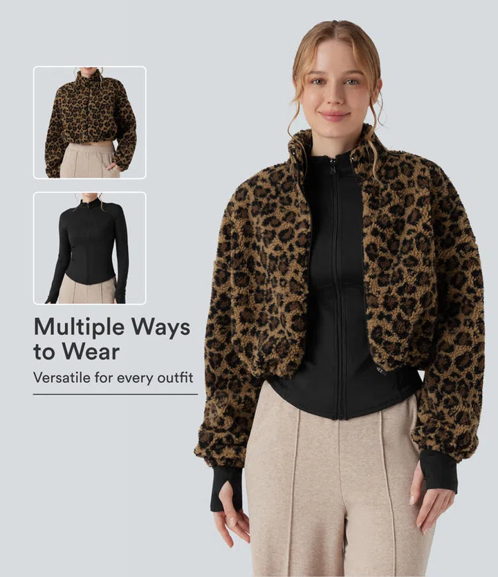 3-in-1 Stand Collar Long Sleeve Thumb Holes Jacket &amp; Drawstring Hem Sherpa Jacket with Pockets
