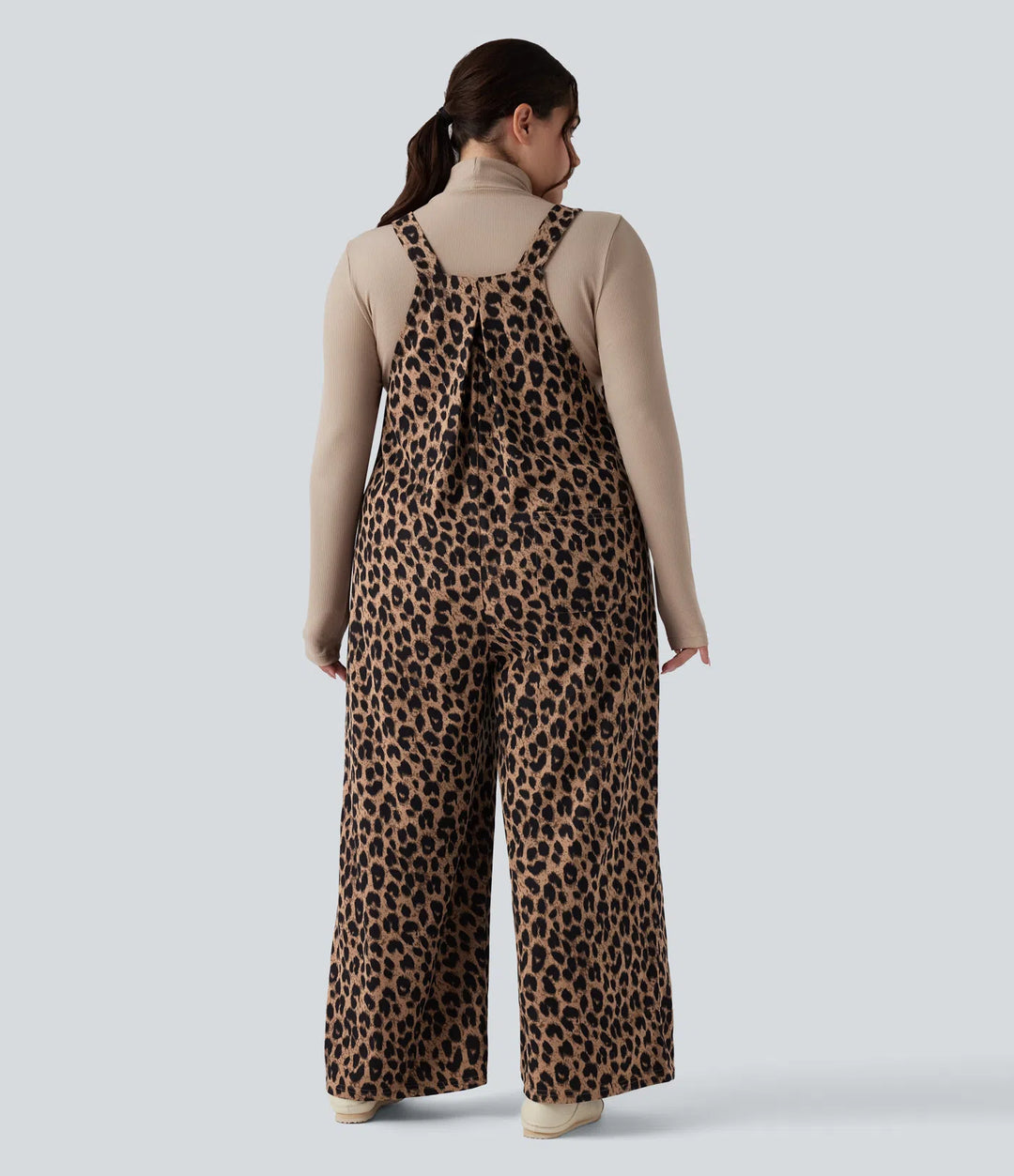 Leopard Print Waffle Casual Plus Size Dungarees with Pockets
