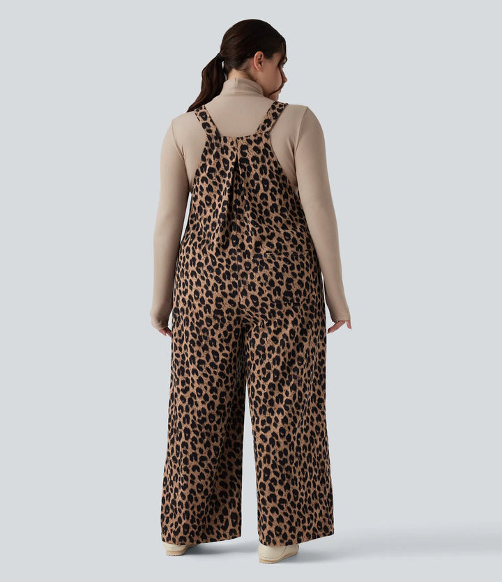 Leopard Print Waffle Casual Plus Size Dungarees with Pockets