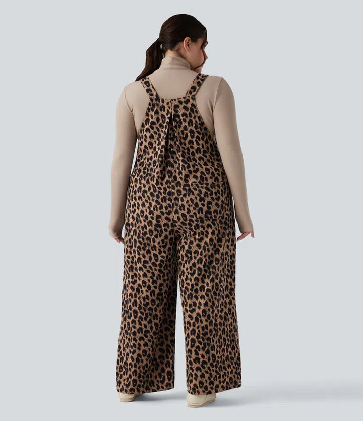 Leopard Print Waffle Casual Plus Size Dungarees with Pockets