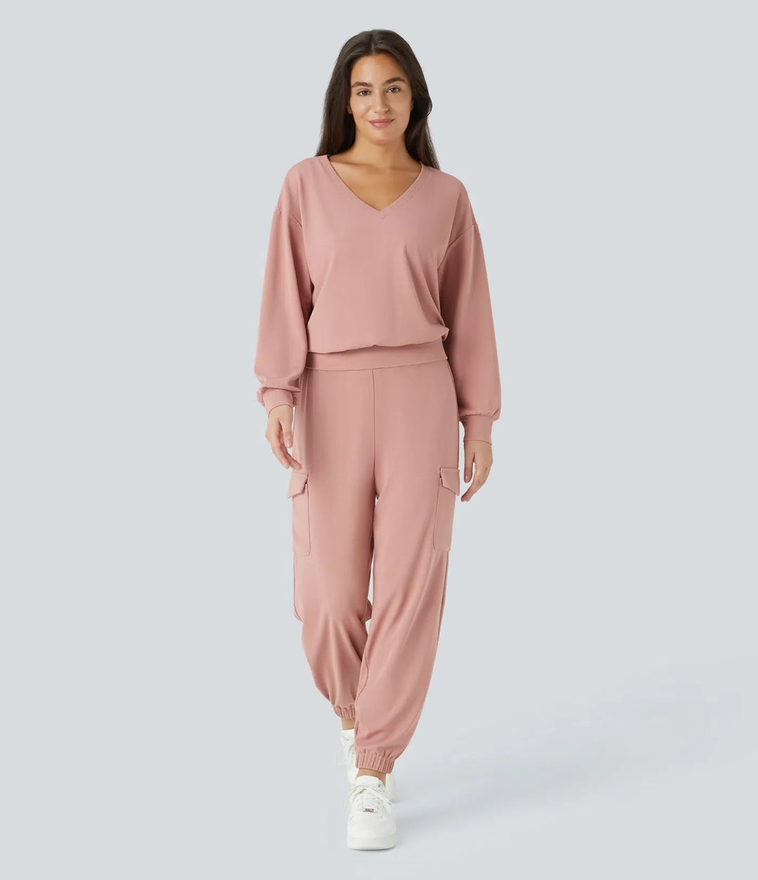 V Neck Dropped Shoulder Long Sleeve Waffle Casual Sweatshirt