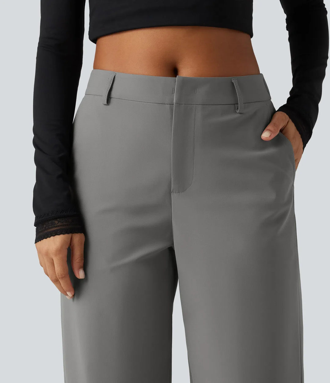 Wrinkle Recovery Mid Rise Straight Leg Work Trousers with Pockets